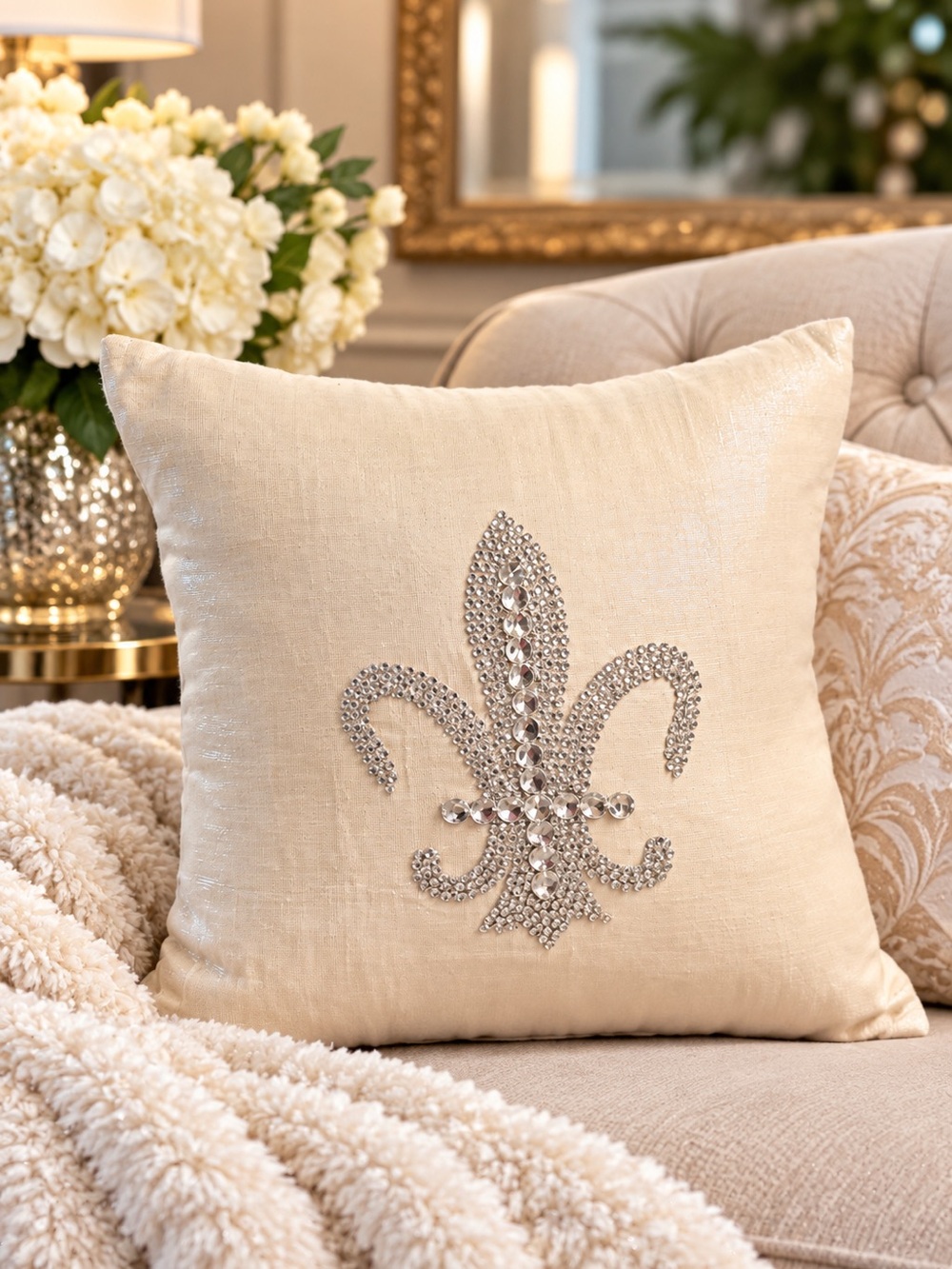 Ivory Fleur de Lis Rhinestone Decorative Throw Pillow Silver Bling 14”